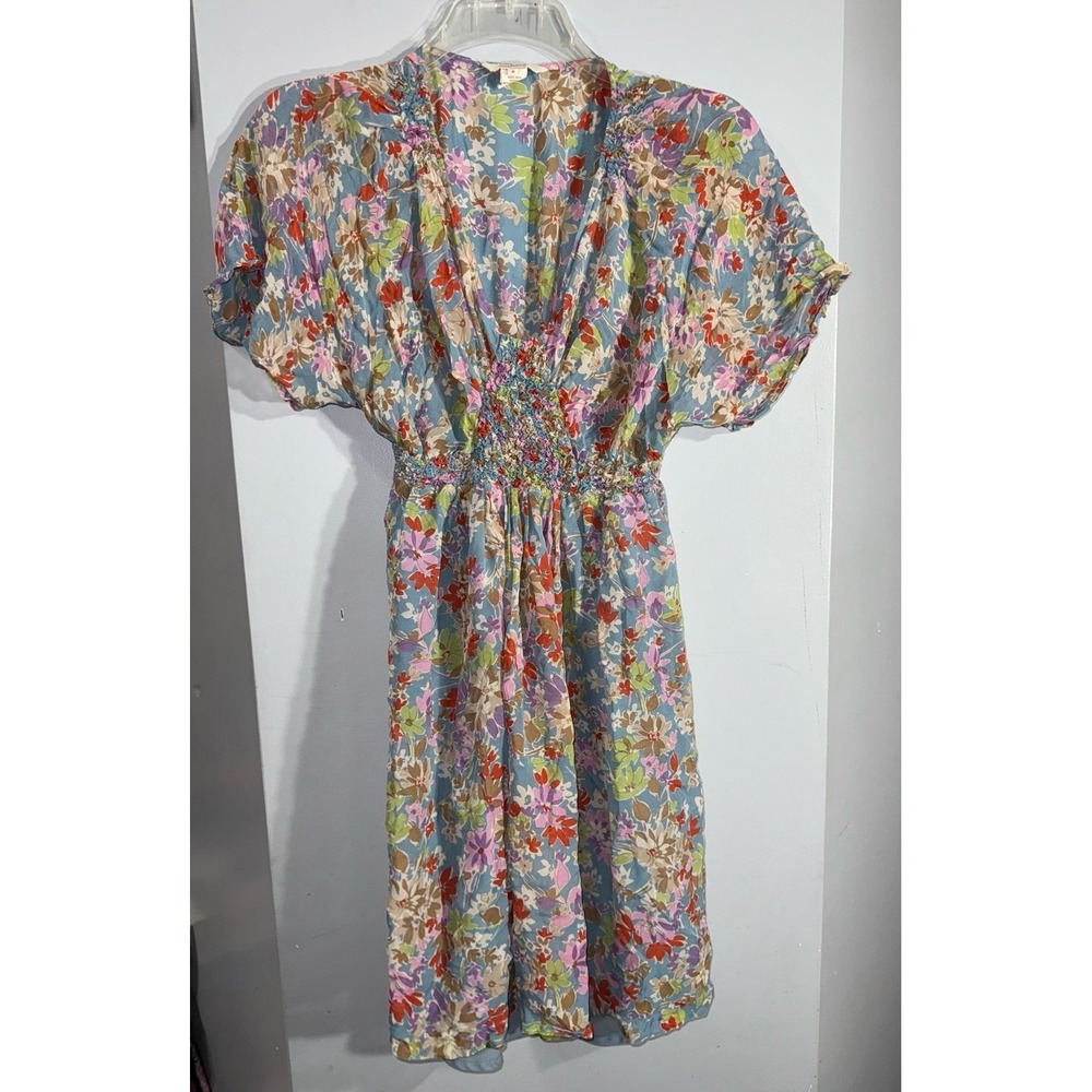 Sundance prairie floral 100% silk‎ V-neck smocked waist butterfly sleeve dress 6
